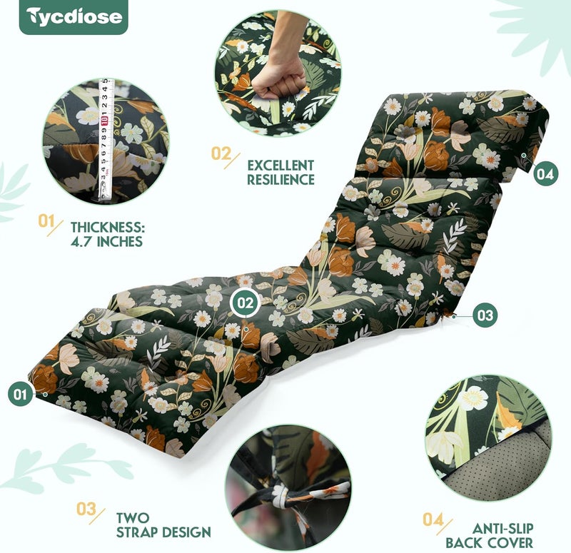 Tycdiose Outdoor Chaise Lounge Chair Cushion Waterproof 74.4 x 22 x 4.7 Inches Memory Foam Lounge Chair Cushions for Outdoor Furniture with Ties, Thickened Pool Lounge Chair Cushion, Green Floral - Image 5
